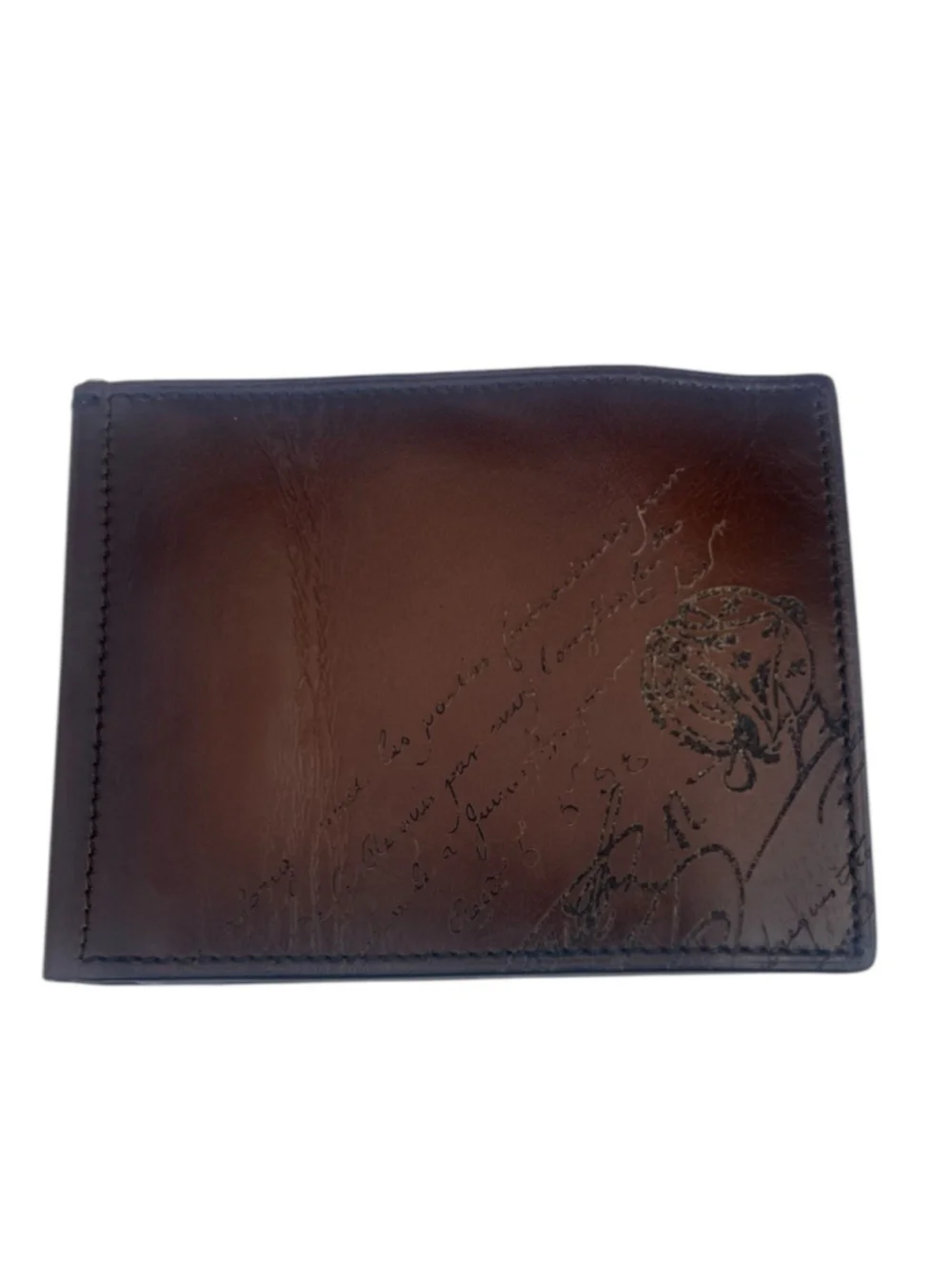 New Berluti Figure Scritto Venezia Leather Bifold Wallet with Money Clip Brown
